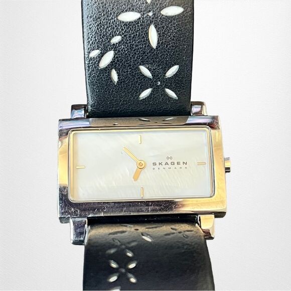 Skagen Black Leather Rectangle Face and Silver Tone Hardware Watch - Picture 1 of 4